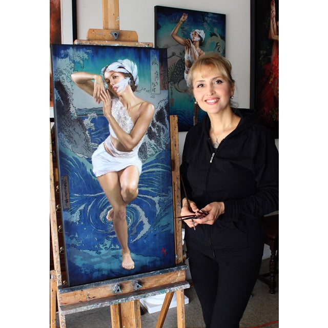 This artwork depicts a figure gracefully poised against a tumultuous sea, where dynamic waves swirl in shades of blue and...
