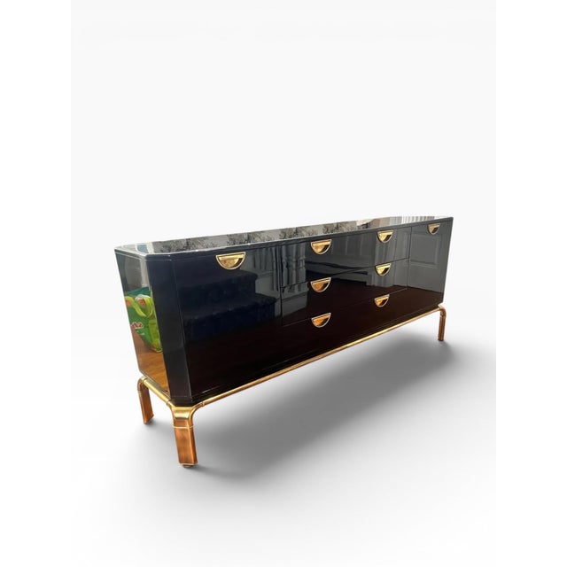 Mid-Century Modern 1970s John Widdicomb Black Lacquered Credenza With Brass Hardware For Sale - Image 3 of 14