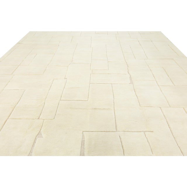 Contemporary Sculpted Ivory Moroccan Wool Rug Hand-Knotted Geometric High-Low For Sale - Image 9 of 12