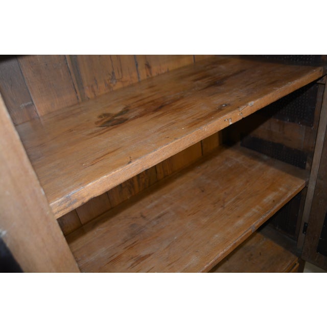 Vintage Wood & Brick Red Punched Tin Pie Safe Cabinet W/ Shelves & Lower Drawer For Sale - Image 10 of 18