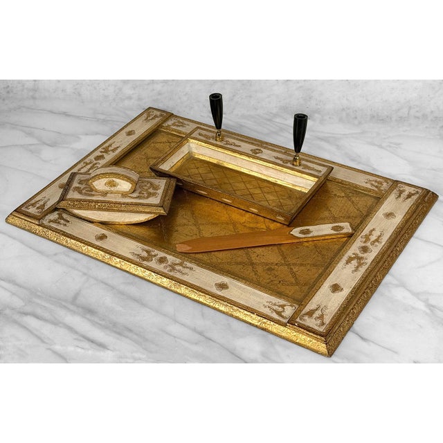 Victorian Vintage Italian Rococo Gold Gilt Library Pen Holder Desk Set For Sale - Image 3 of 10