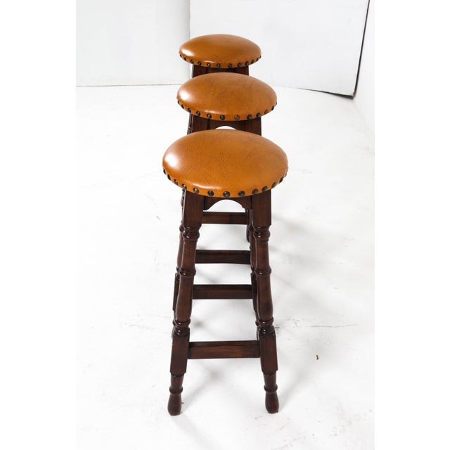 Late 20th Century Vintage Mahogany Bar Stools With Brass Nailhead Trim—Set of 3 For Sale - Image 5 of 12