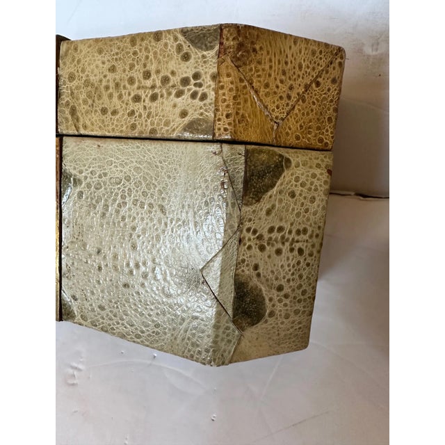 1970s Leather Lidded Boxes & Embossed Seafoam Green Enamel -A Pair For Sale - Image 5 of 9