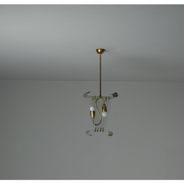 Mid-Century Modern Italian Pendant Lamp in Brass and Green Lacquered Metal, 1950s For Sale - Image 6 of 9