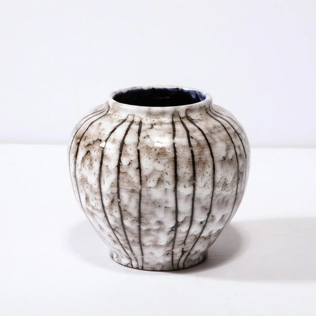 Mid-Century Modern Mid-Century Modernist White and Earth Toned Ceramic Vase With Bowed Line Work For Sale - Image 3 of 13