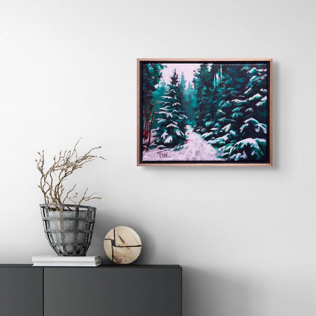 Early 21st Century Deck the Halls by Tracy Wall | Acrylic On Canvas Snowy forest scene with evergreens and a path. For Sale - Image 5 of 5