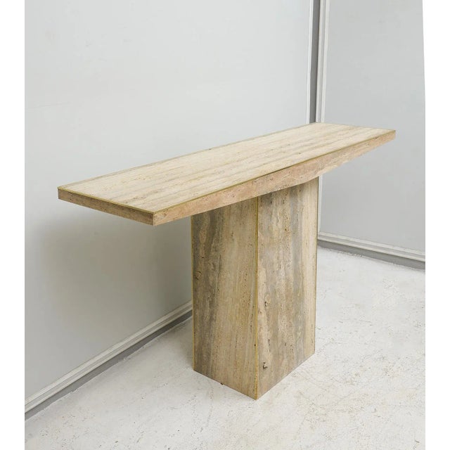 Sculptural Pair of Contemporary Italian Travertine Consoles With Brass Banding For Sale - Image 4 of 8