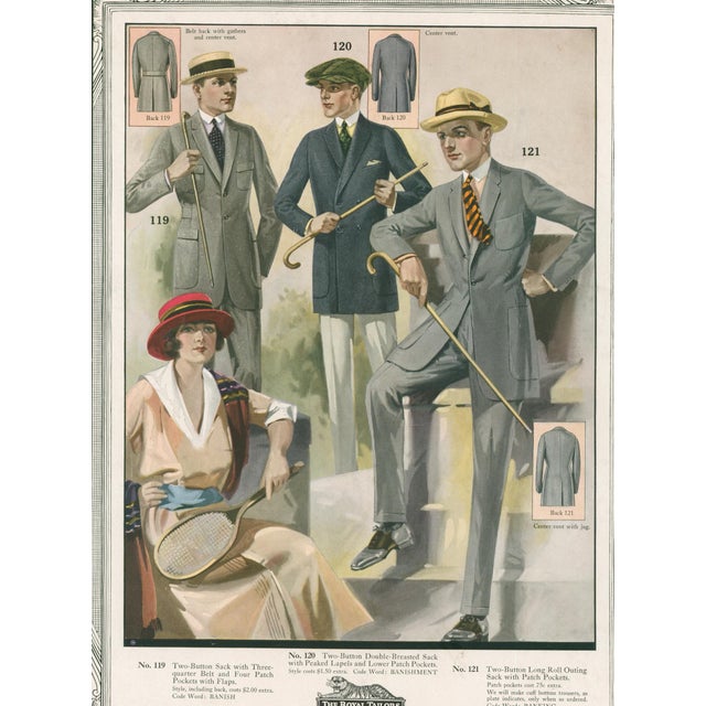 Original vintage fashion advertising plate from The Royal Tailors, 'In 10,000 Cities,' featuring three men’s golf and...