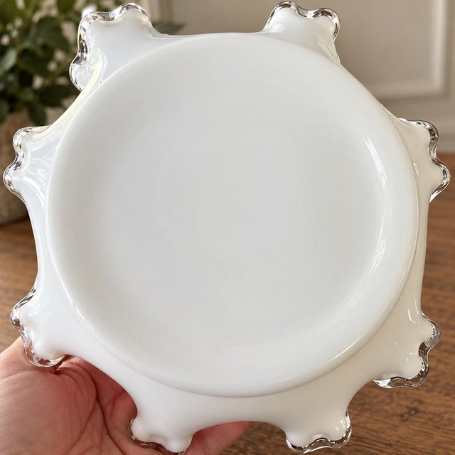 Victorian Vintage Fenton Milk Glass Basket – White Ruffled Edge With Clear Glass Trim & Handle – 8” X 7.5” For Sale - Image 3 of 3