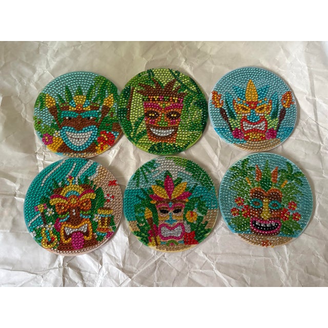 Boho Chic Set of 6 Vintage Tiki Rhinestone Coasters | Palm Springs Poolside Barware | Tropical Island Cocktail Coasters For Sale - Image 3 of 9