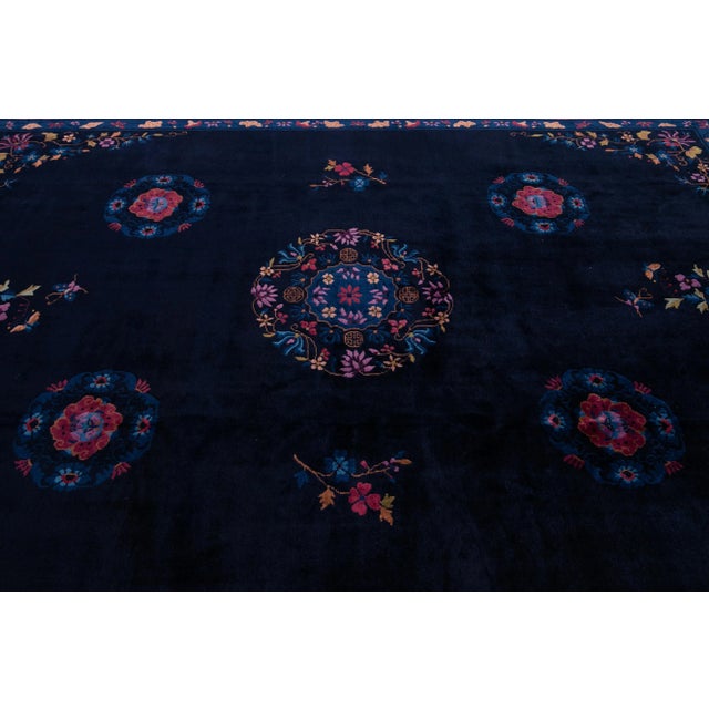 Textile Antique Art Deco Dark Indigo Chinese Wool Rug 9 Ft X 11 Ft 10 In. For Sale - Image 7 of 13