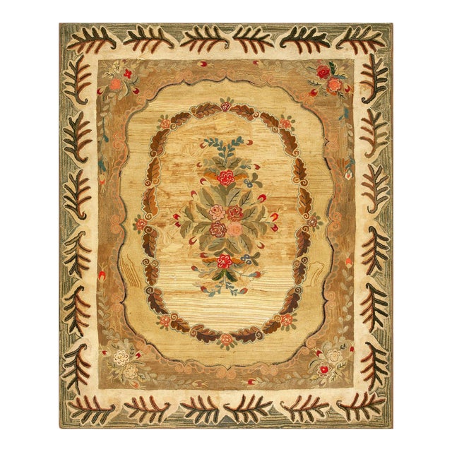 Excellent Camel Color With Unique Florid Design American Hooked Rug For Sale