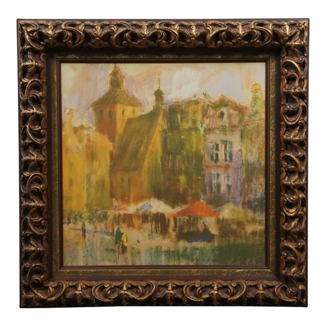 Czeslaw Galuzny Polish Town Market Ville De Costes Pastel Print on Board 28" For Sale