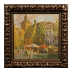 Czeslaw Galuzny Polish Town Market Ville De Costes Pastel Print on Board 28"
