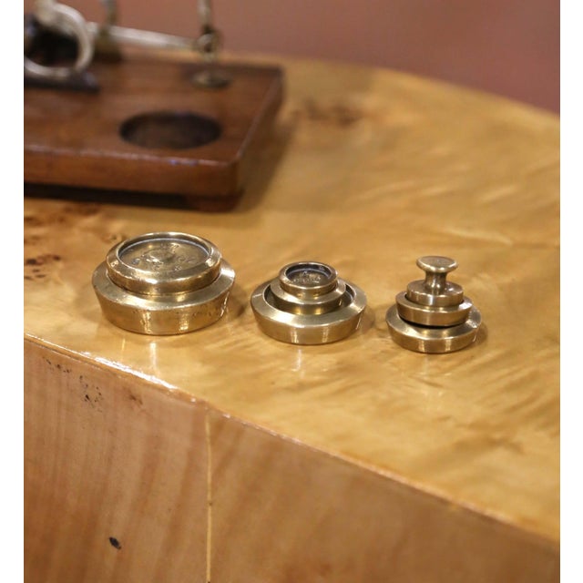 Early 20th Century English Brass Postal Scale With Weights on Oak Base For Sale - Image 4 of 9