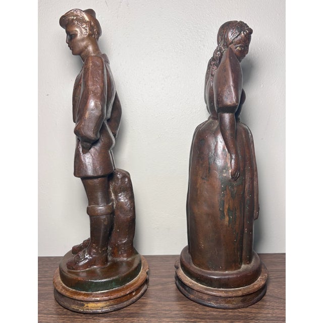 French Early 20th Century French Bronze-Clad Plaster Breton Man and Woman Sculptures on Wood Bases - Set of 2 For Sale - Image 3 of 6
