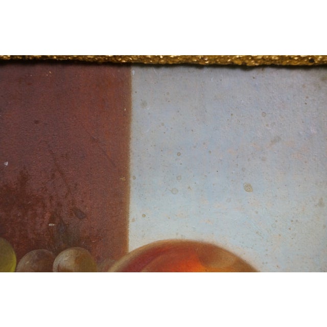 Green Antique Carducius Ream Peach Grapes Flowers Still Life Oil Painting on Board 15" For Sale - Image 8 of 12