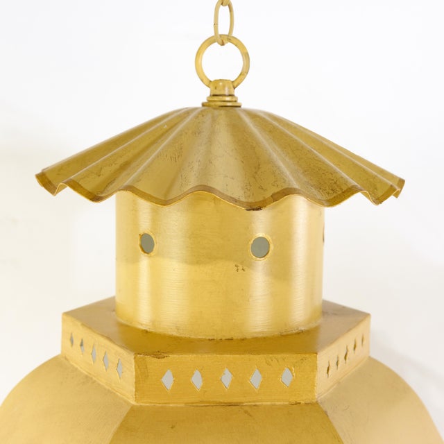 Vintage Chinoiserie Yellow Tole Hanging Lantern Chandelier With Brass Bells For Sale - Image 11 of 13