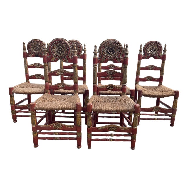 Spanish Polychrome Dining Chairs, 1960s, Set of 6 For Sale