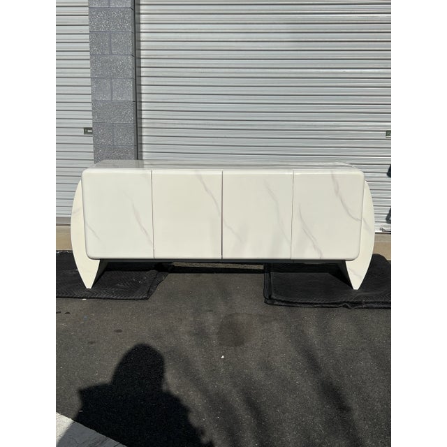 White 1980 Karl Springer White Faux Marble Lacquer Credenza For Sale - Image 8 of 8