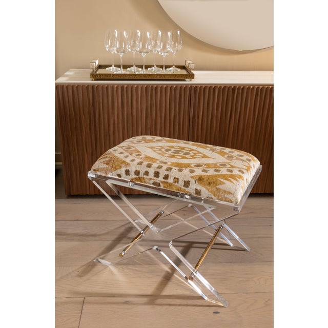 Uber chic clear lucite X shaped accent upholstery--our Delano Bench is the perfect vanity stool and/or designer accent...
