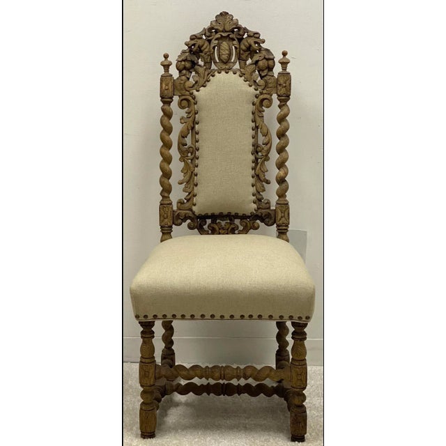 Wood 19th- C. English Bleached Carved Oak Side Chair in Linen For Sale - Image 7 of 9