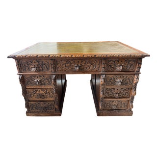 Antique Carved Oak Desk with Lion Handles, 1890s For Sale
