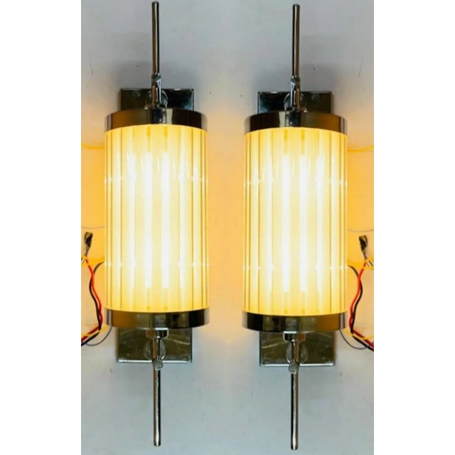 Pair Skyscraper Vintage Art deco light Old Lamp Wall Sconces Fixture Brass & Milk Glass Rod Ship Light Excellent Working...