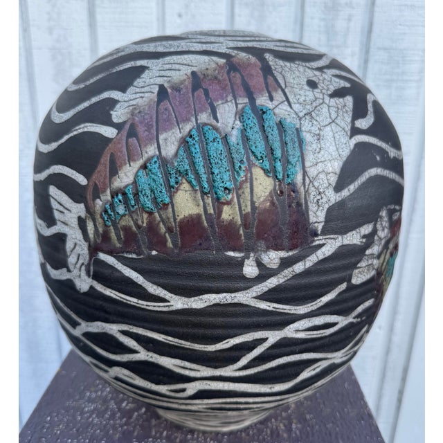 Mid 20th Century Large Cipher Signed Vintage Modern Studio Art Pottery Raku Glaze and Heavy Glaze Fish Vase For Sale - Image 4 of 7