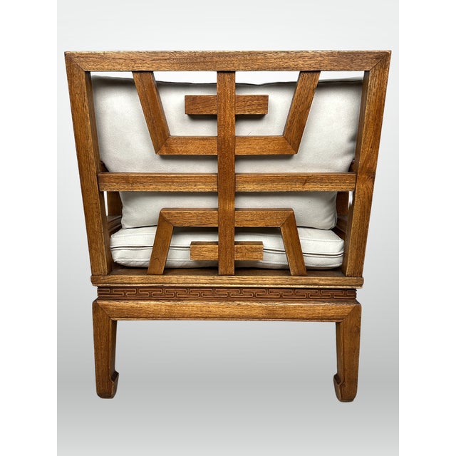 1960s Mid-Century Carved Oak Ming Style Lounge Chairs Cream Ultrasuede Pair For Sale In Greensboro - Image 6 of 12