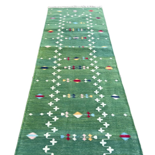 Forest Green Handmade Cotton Dhurrie Vegetable Dyed Forest Green Shooting Star Runner- 3'x14' For Sale - Image 8 of 11