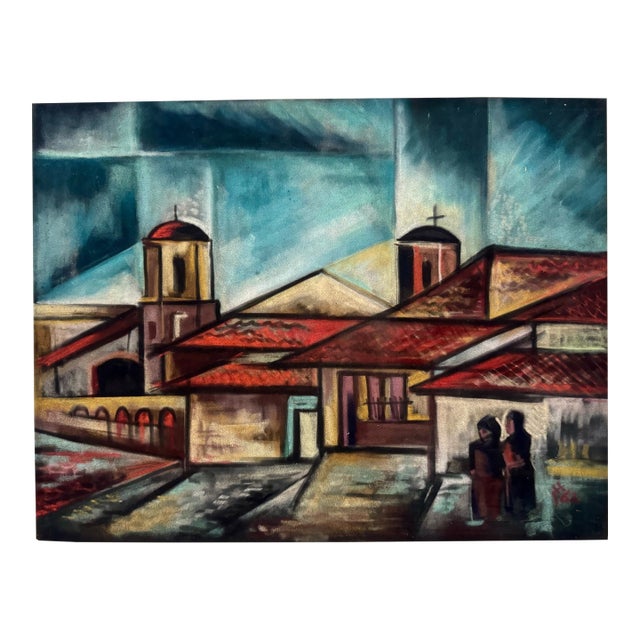 Henry Emil Salloch Original Pastel on Paper Expressionist Village Landscape With Church, 1962. For Sale