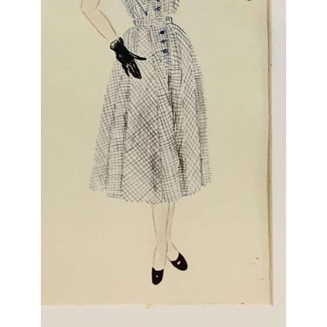 Wood Berthe Duquaine, Robe Ecossaise, 1950s, Pencil Sketch on Paper, Framed For Sale - Image 7 of 18
