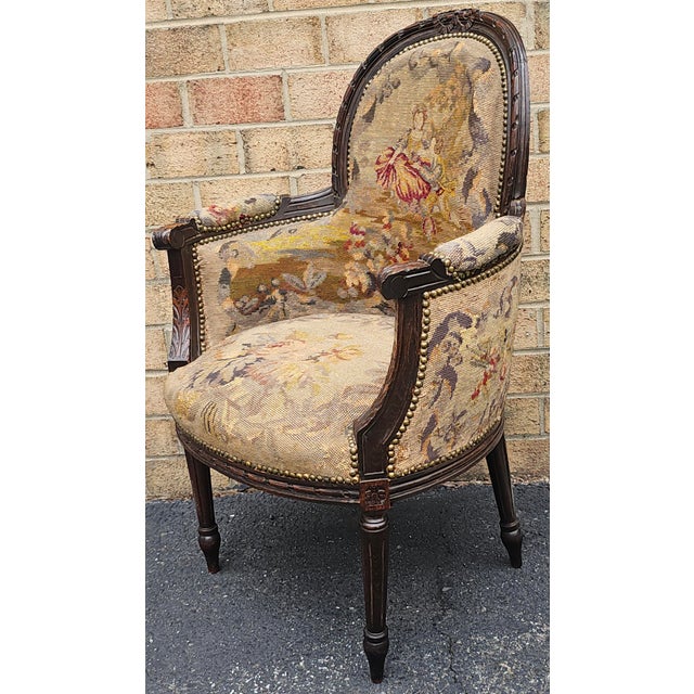 French Louis XVI Style Mahogany and Flemish Style Needlepoint Tapestry Upholstered Bergère, Circa 1880s For Sale - Image 3 of 9