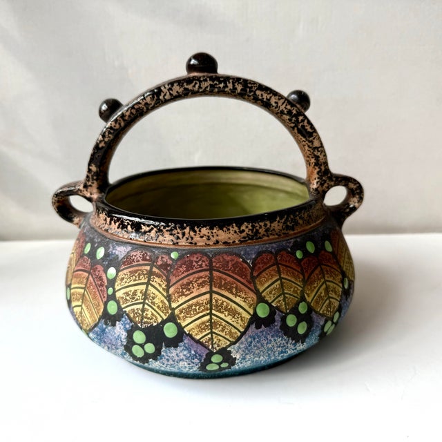 Vintage BFS Czechoslovakia Art Deco Hand Painted Pottery Bowl With Handle Leaf and Berry Design For Sale In New York - Image 6 of 12