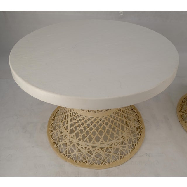 Plastic Pair Spun Fiberglass 24" Round Stone Textured Tops End Side Tables Woodard MINT For Sale - Image 7 of 14
