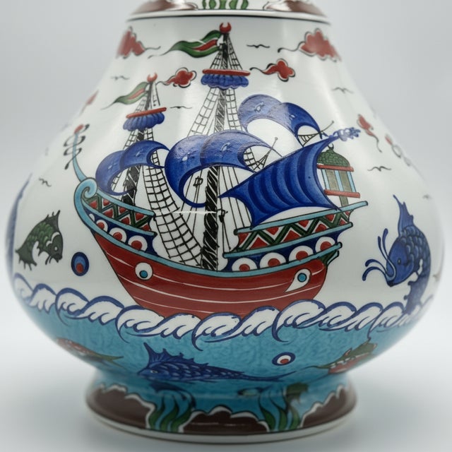 Handmade Ceramic “Galleon” Vase (45cm) – Ottoman Ships & Waves – Symbol of Journey & Abundance For Sale - Image 4 of 8