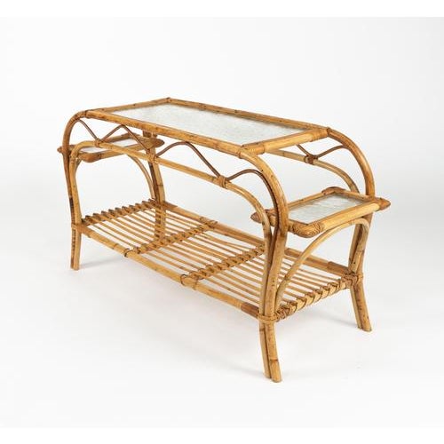 Mid-Century Modern Rattan and Frosted Glass Rectangular Side Table, Italy, 1970s For Sale - Image 11 of 18