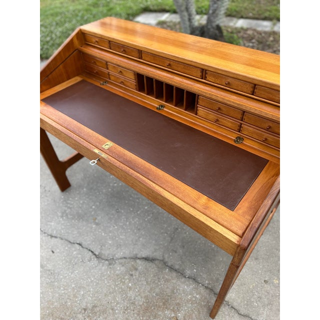 Mid-Century Modern Danish Tambour Executive Desk With Leather Work Surface and Roll-Top | Lock + Key in the Style of Dyrlund For Sale - Image 3 of 13