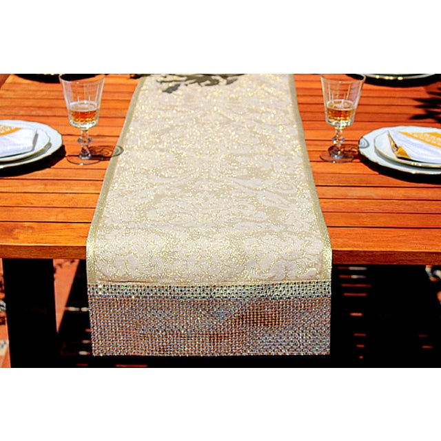 Kravet Gold Damask Table Runner With Sequins Crystals For Sale - Image 9 of 13