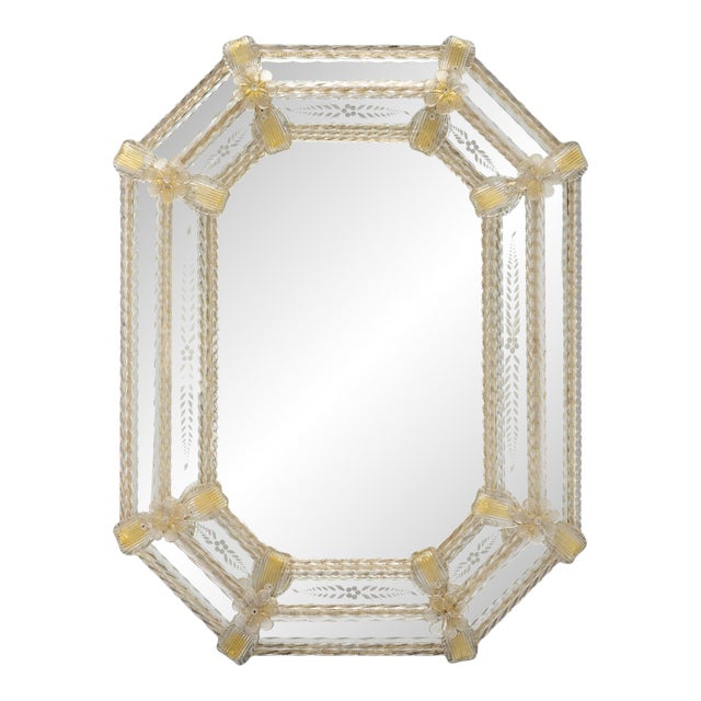 Venetian Etched Glass Octagonal Mirror With Floral and Ribbon Details, Circa 1940 For Sale
