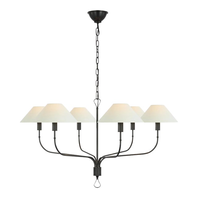 Amber Lewis for Visual Comfort Signature Griffin Grande Tail Chandelier in Bronze and Chocolate Leather with Linen Shades For Sale