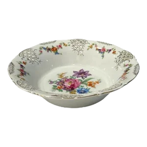 Vintage Schumann Dresden Porcelain Floral Reticulated Pierced Scallop Bowl