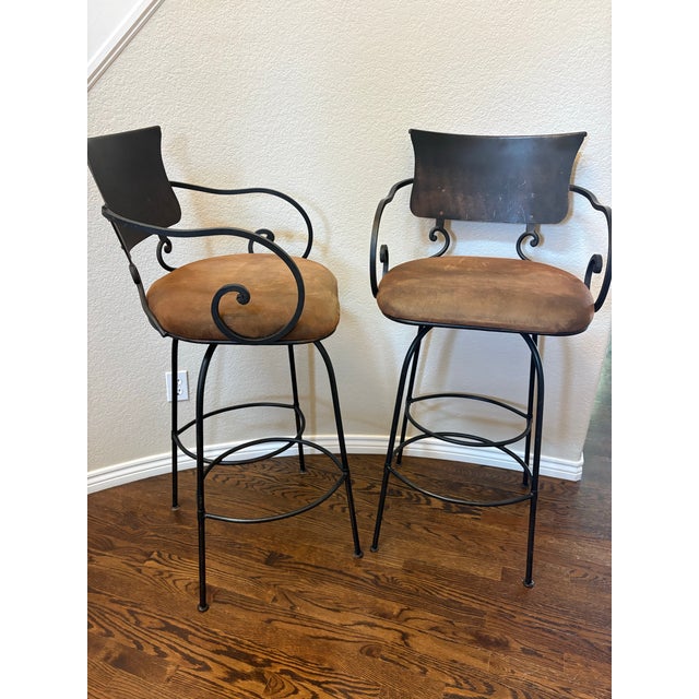 Spanish Revival Arhaus Obra 32” Swivel Wrought Iron Bar Stools in Distressed Bronze – Pair For Sale - Image 3 of 12