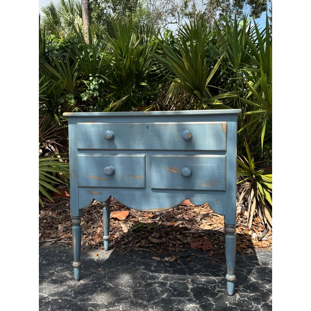 1970s Vintage Lexington Painted Blue Accent Chest / Side Table With Three Drawers For Sale - Image 5 of 12