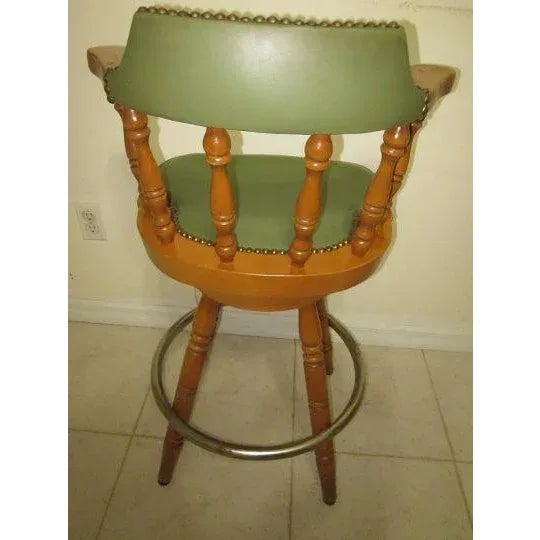 1970s Wood Frame Swivel Counter Stools Green Leather Seat Set of Two For Sale - Image 9 of 12