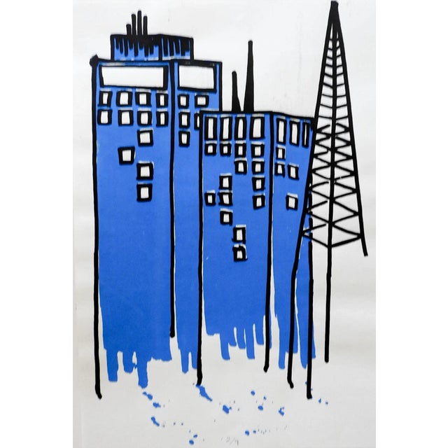 Mid-Century Modern Contemporary Abstract Blue & Black Cityscape Serigraph For Sale - Image 3 of 5