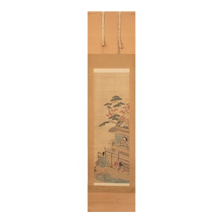 Meiji Era Japanese Painted Silk Scroll Inspired by "The Tale of Genji" Story For Sale
