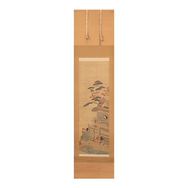 Meiji Era Japanese Painted Silk Scroll Inspired by "The Tale of Genji" Story For Sale