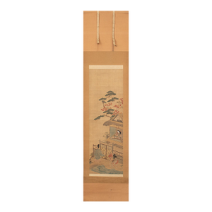 Meiji Era Japanese Painted Silk Scroll Inspired by "The Tale of Genji" Story